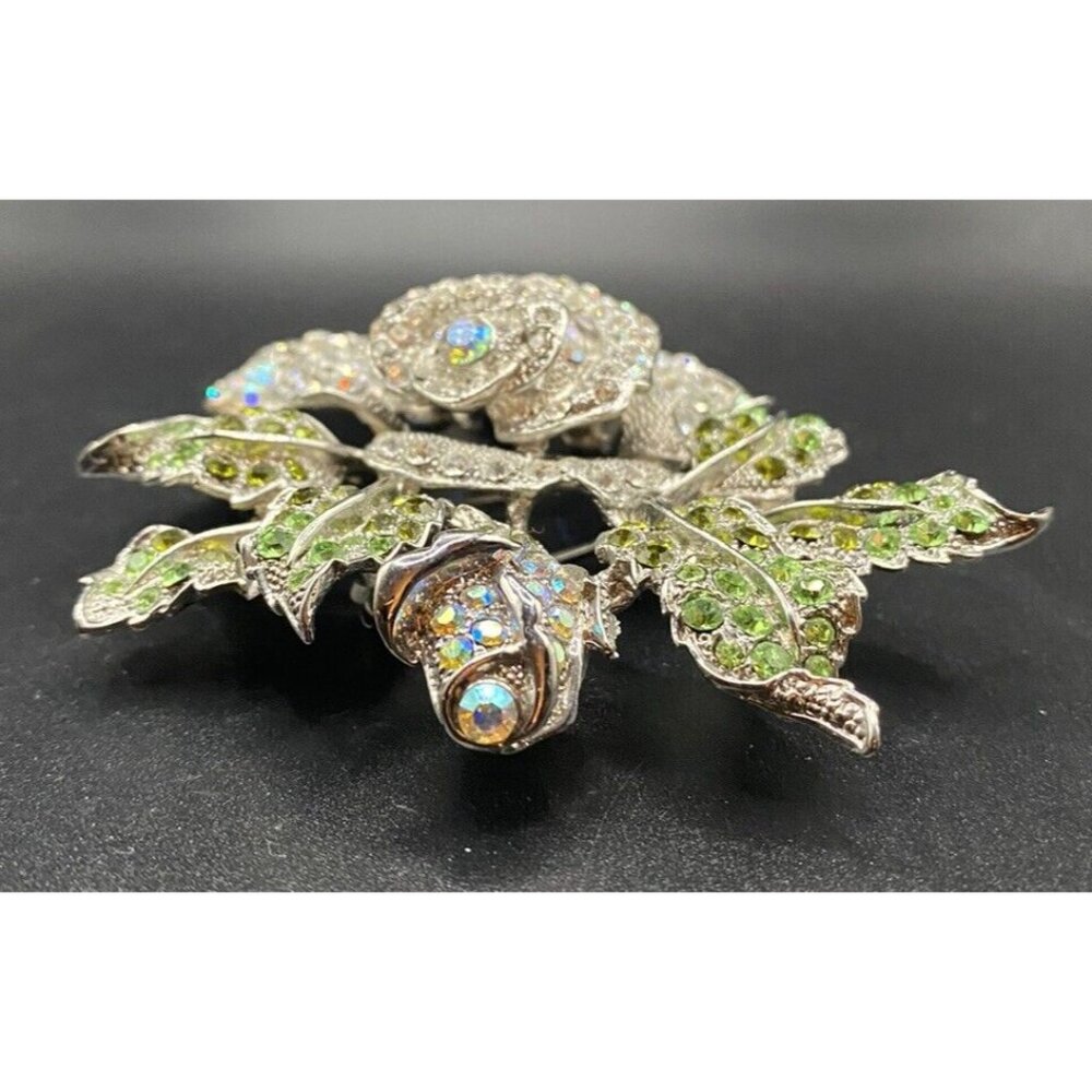 AB Clear Crystal Rose Brooch Huge 4" Silver Tone Thorns Green Leaves Rosebud - Picture 4 of 8